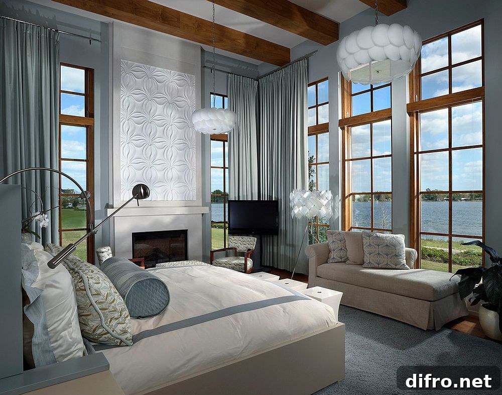 Contemporary bedroom with ceiling beams complementing window frames