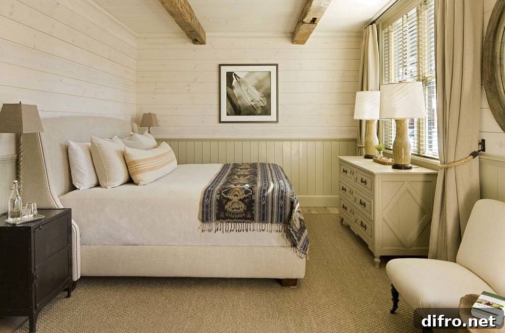 Cream and white relaxing bedroom with subtle beams