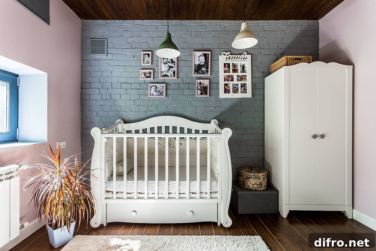 Whitewashed brick wall and wood ceiling in nursery