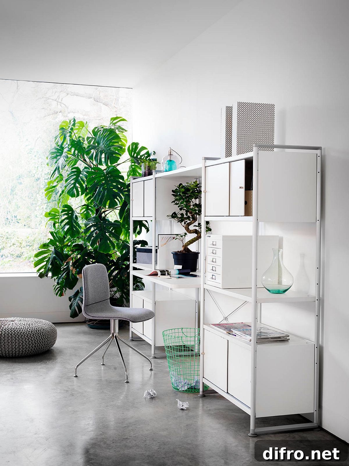 White room paired with concrete floors