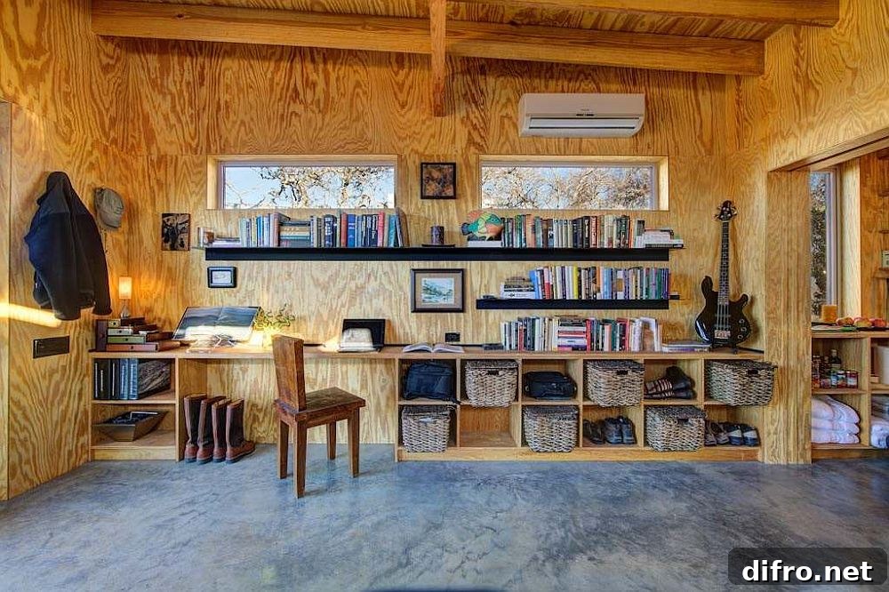 Modern industrial home office in wood and concrete