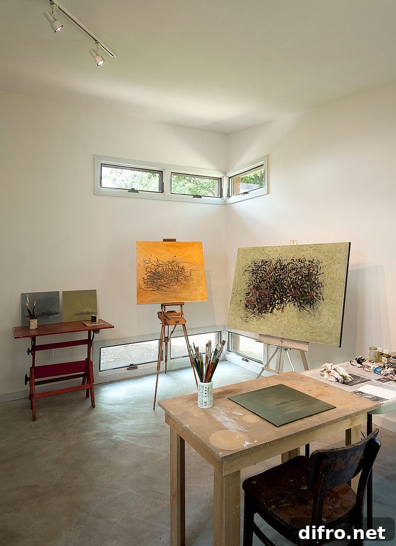 Textural beauty of concrete floor in a white home office
