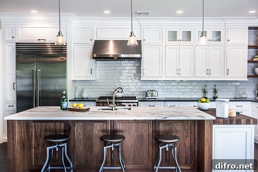 New York kitchen with subway tile and wooden island