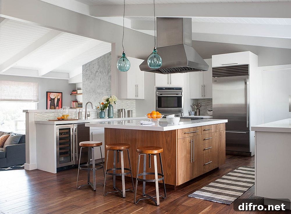 Mid-century modern kitchen with wood island