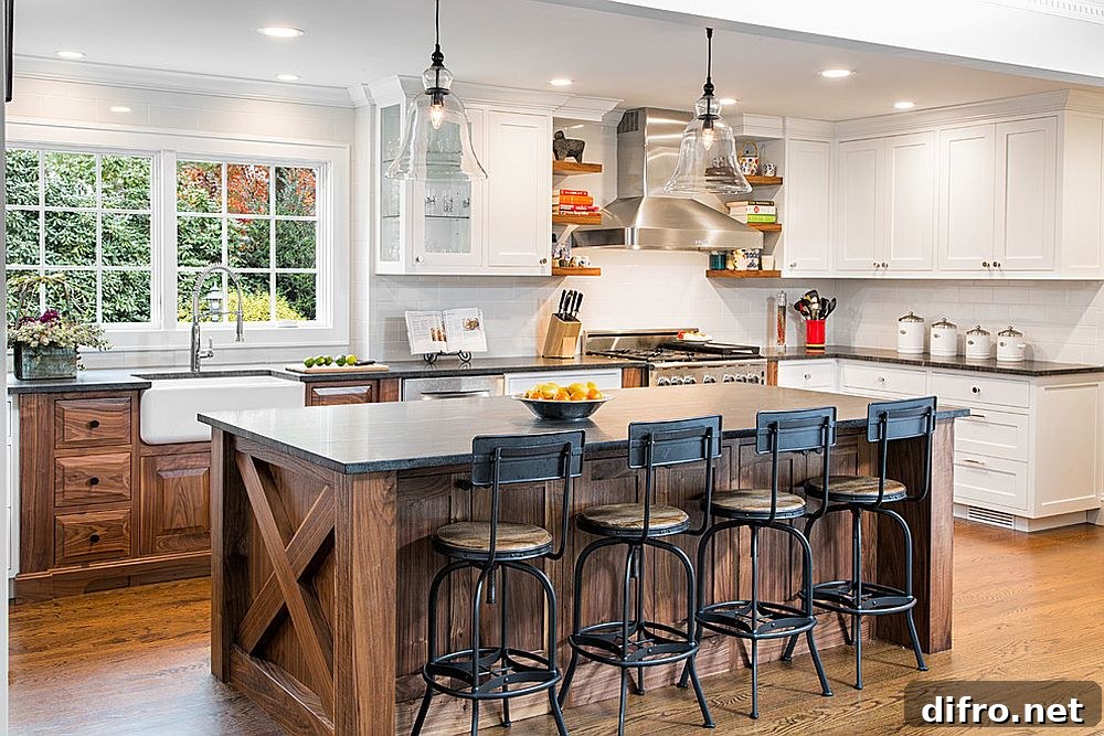 Farmhouse kitchen with bar stools and wood island