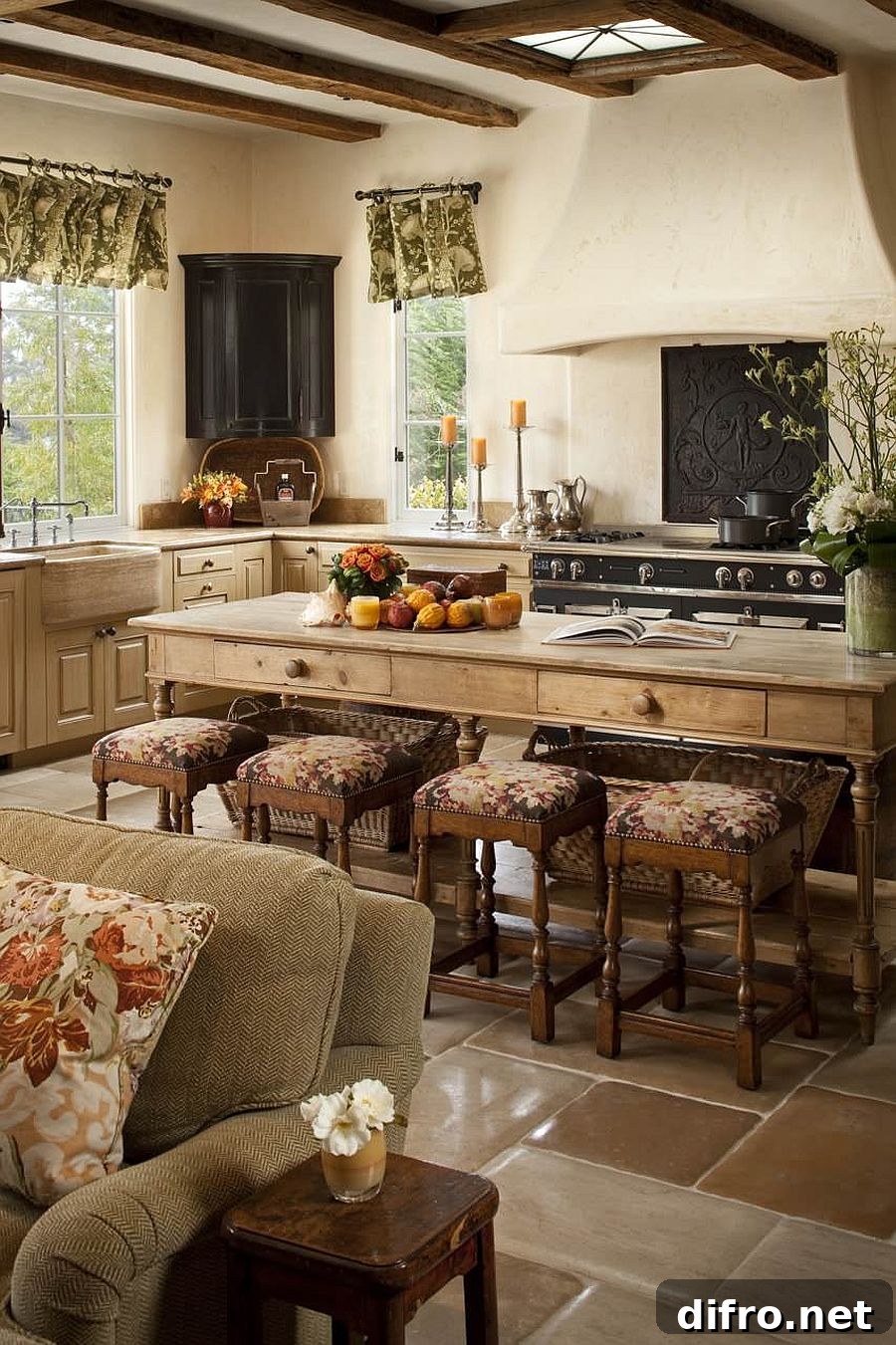 Mediterranean kitchen with matching wood island