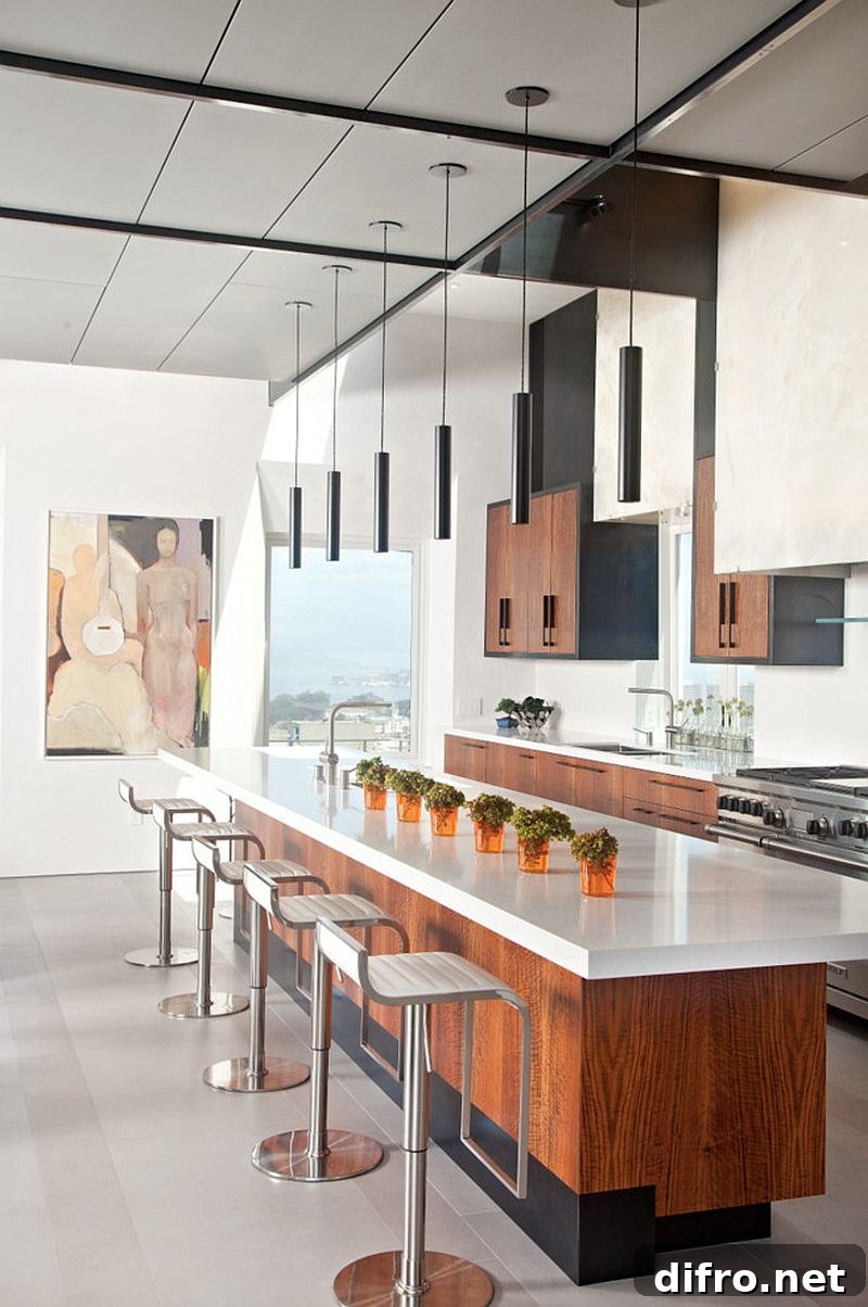 Spacious island with polished countertop and breakfast bar
