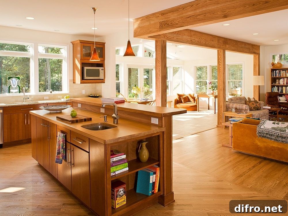 Open plan living area with wooden island