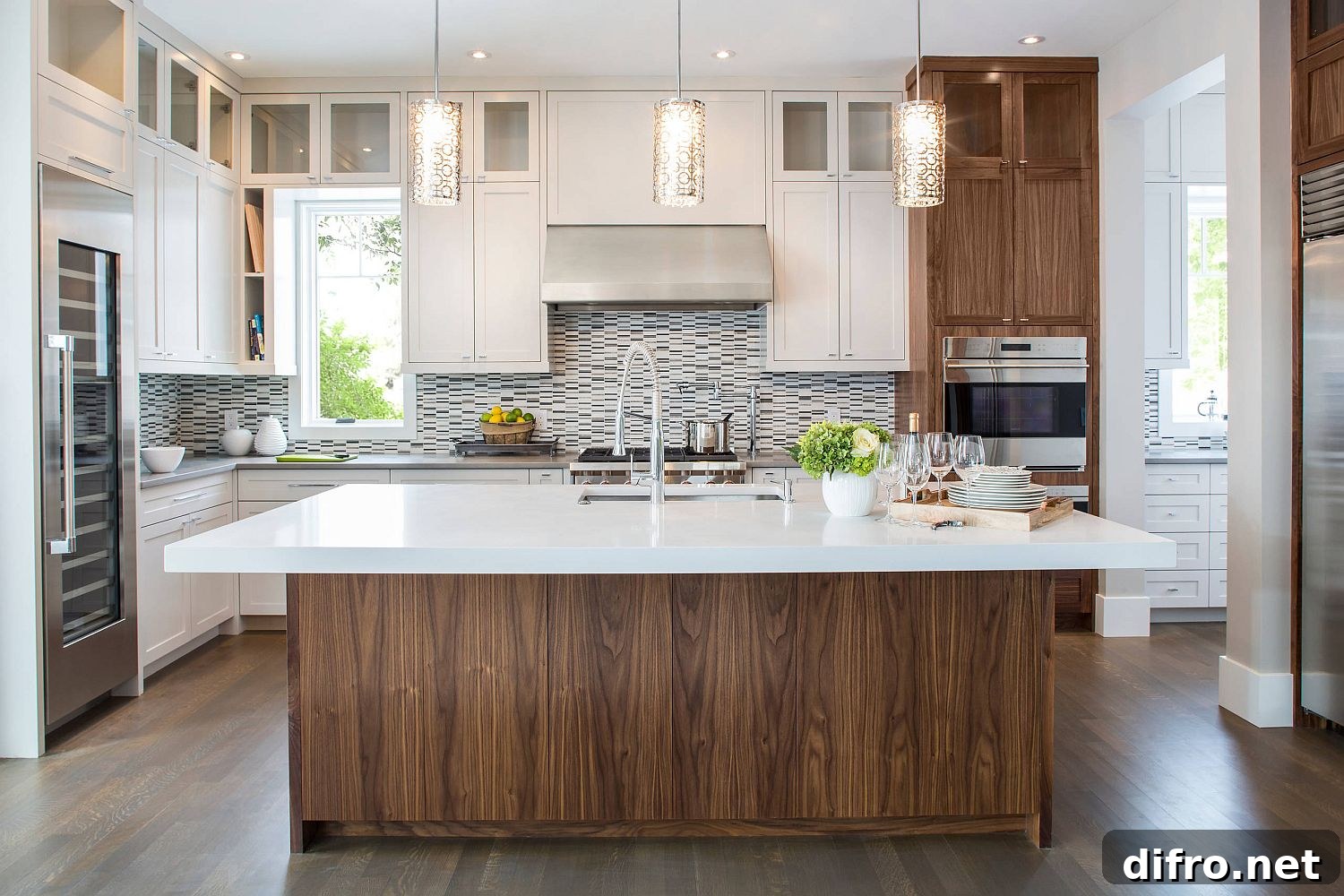 Wooden cabinets complement wood island