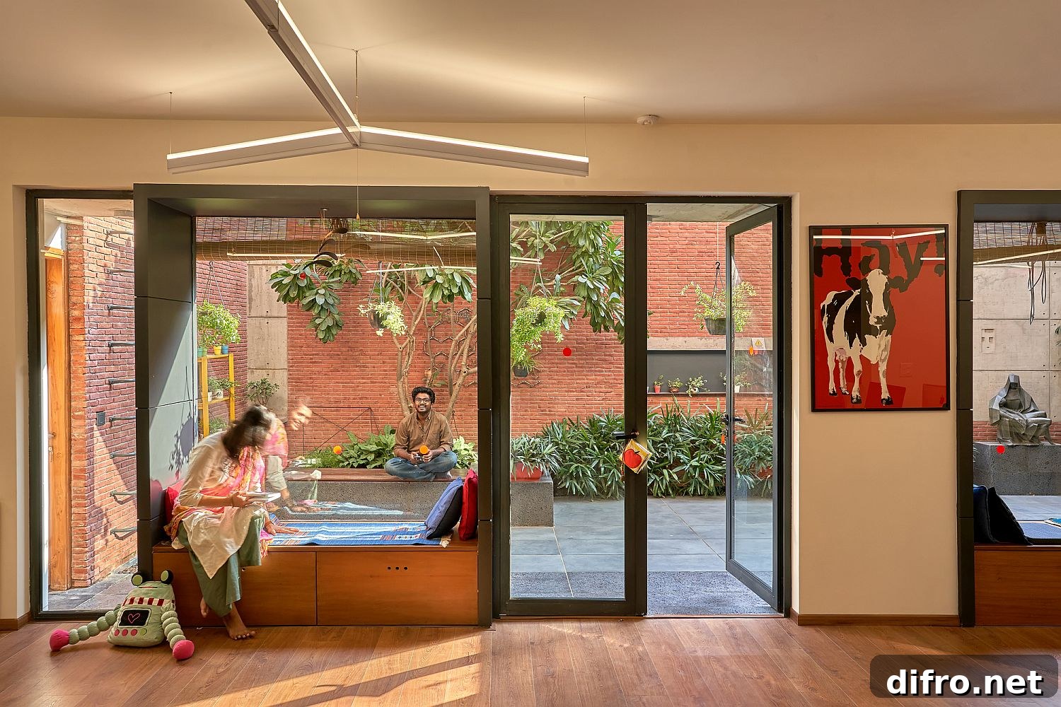 Comfortable interior of the studio in brick and glass