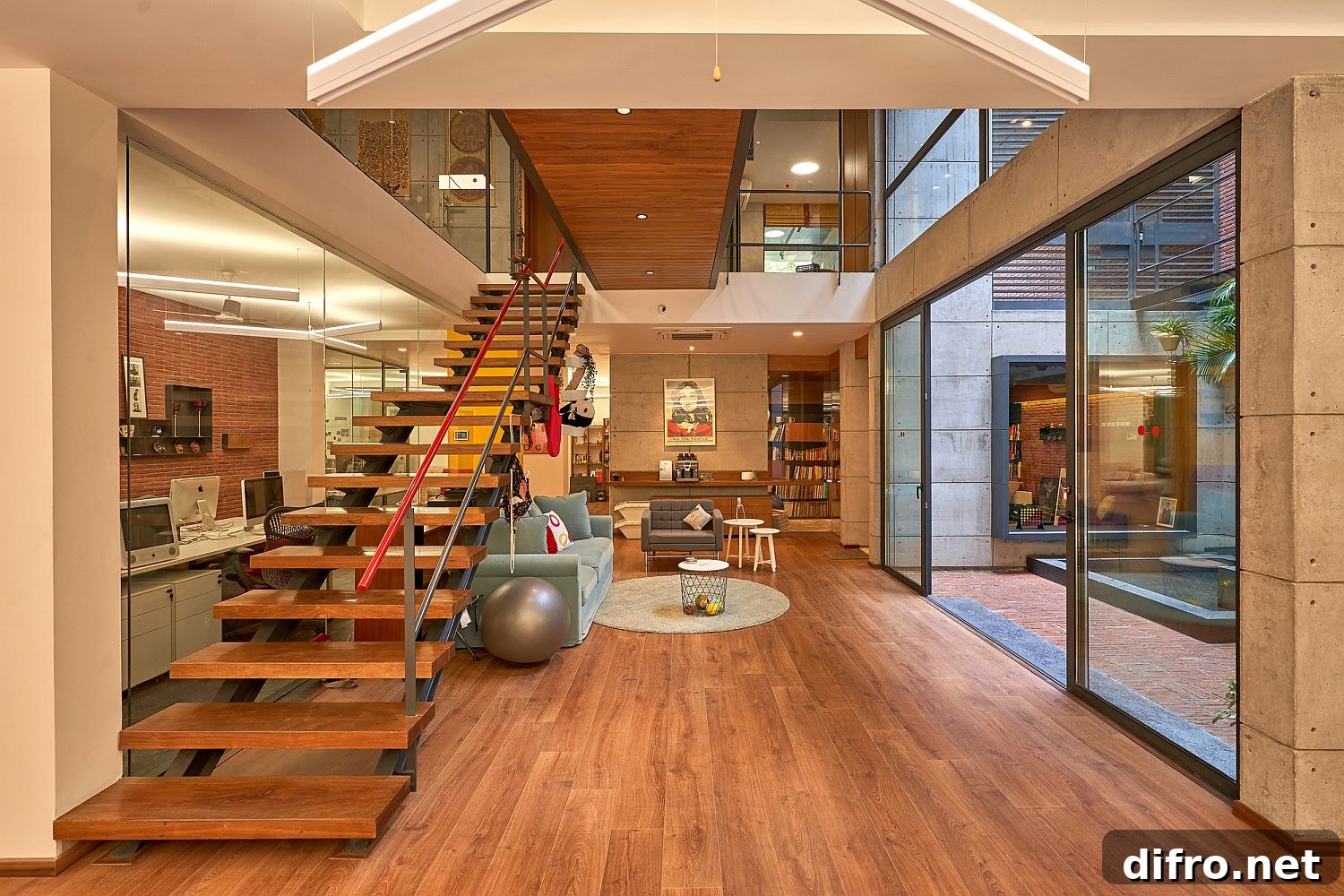 Look at the kitchen, library and other social zones inside the Lopez Design Office