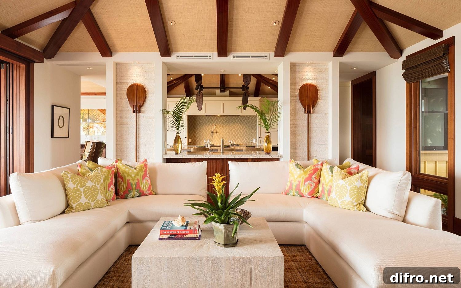 Brown ceiling with white curved couch
