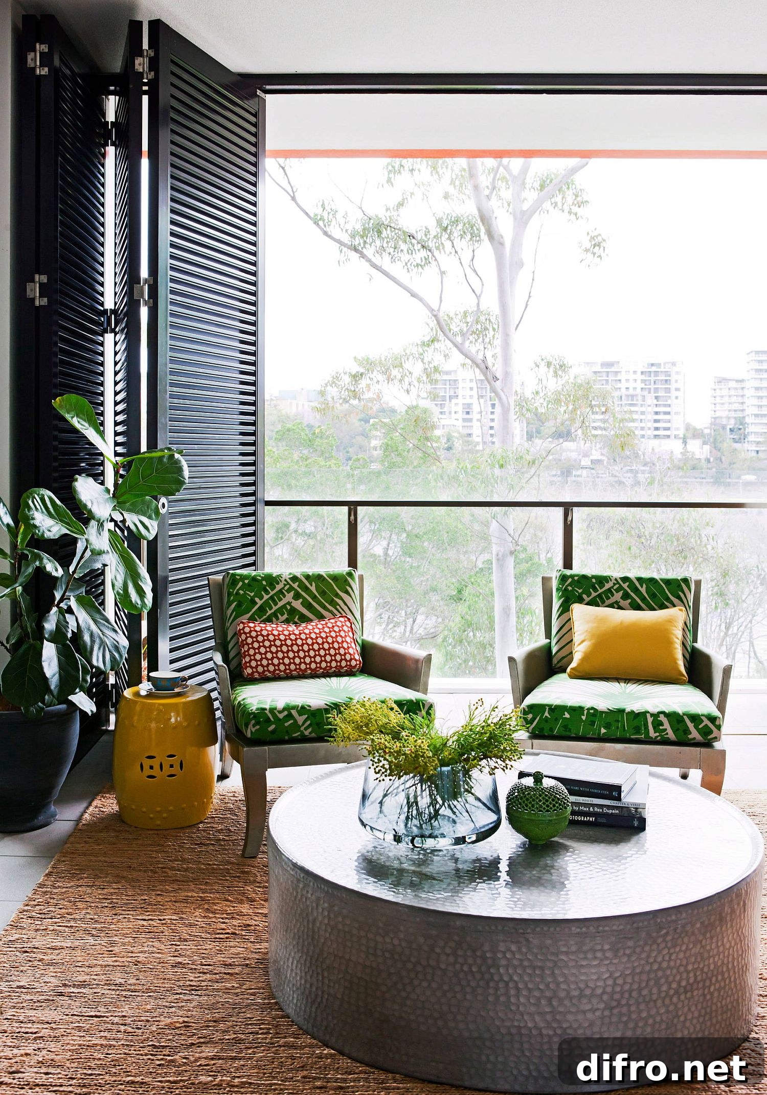 Green and yellow accents in living room