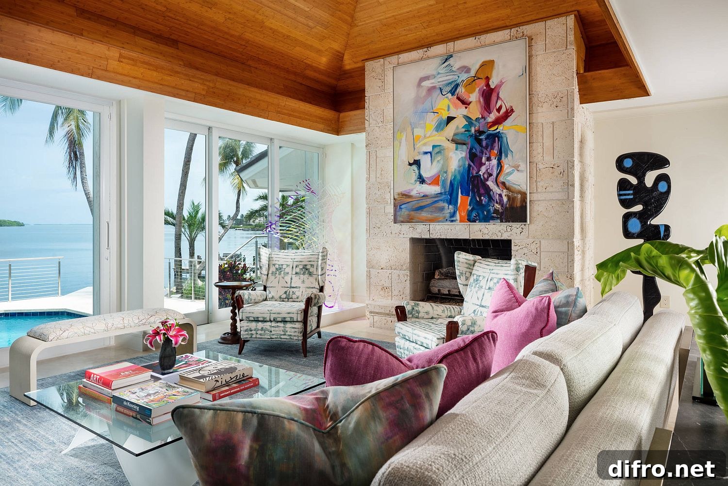 Fireplace and colorful wall art in tropical living room