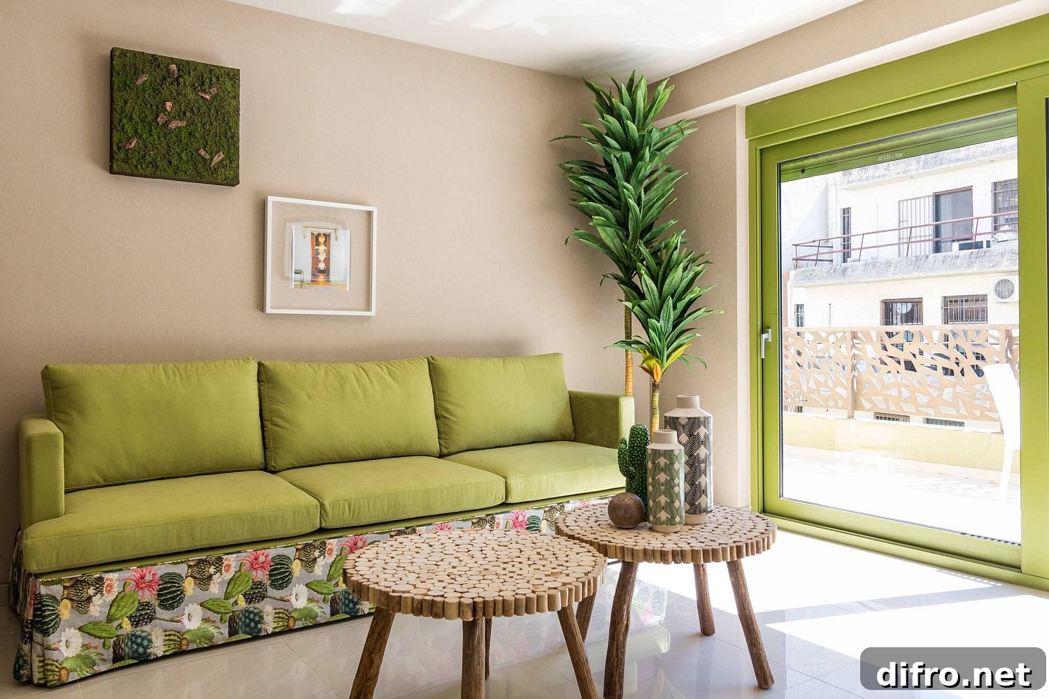 Small living room with pops of green