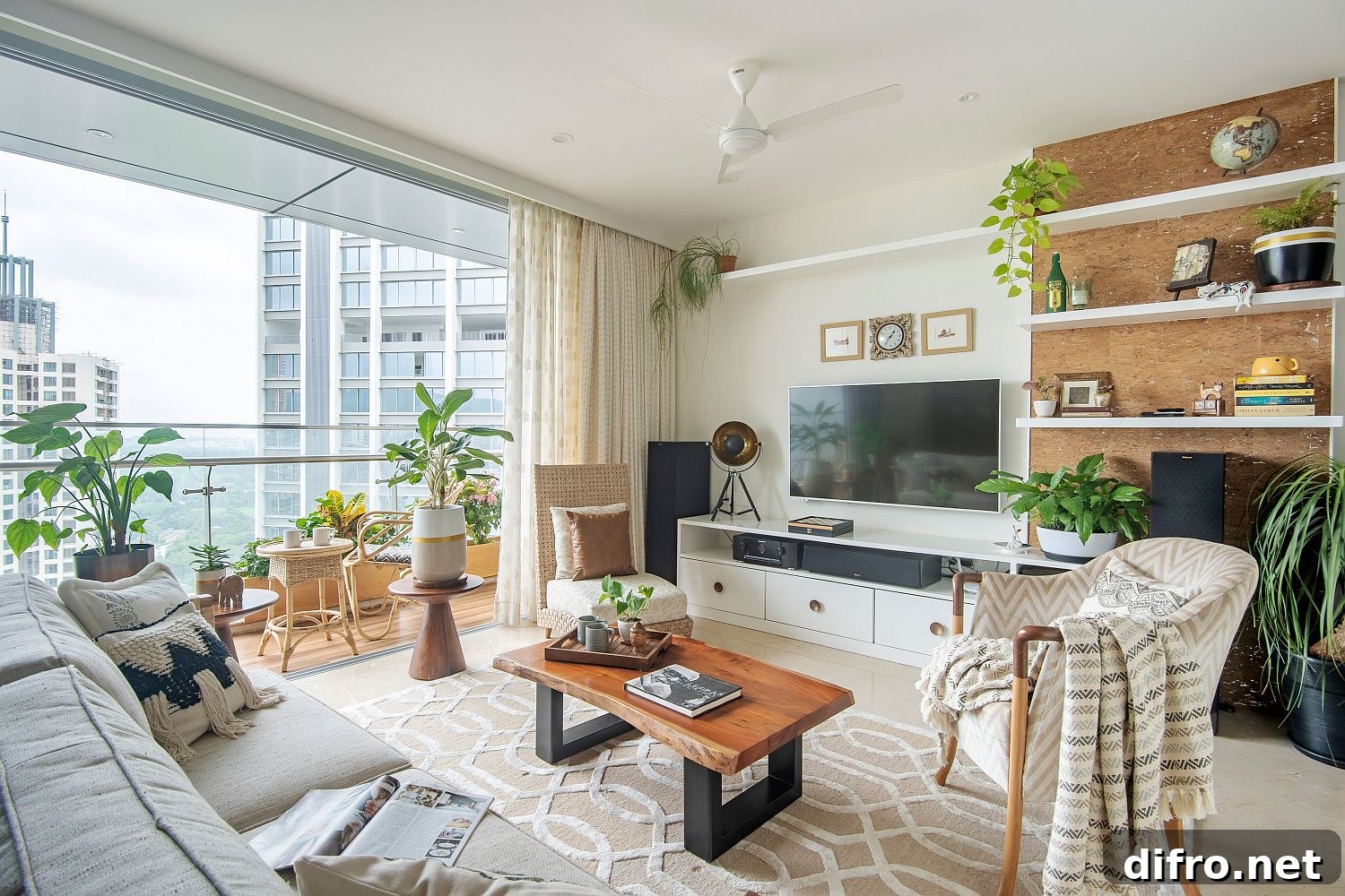 Wood and white apartment living room with greenery