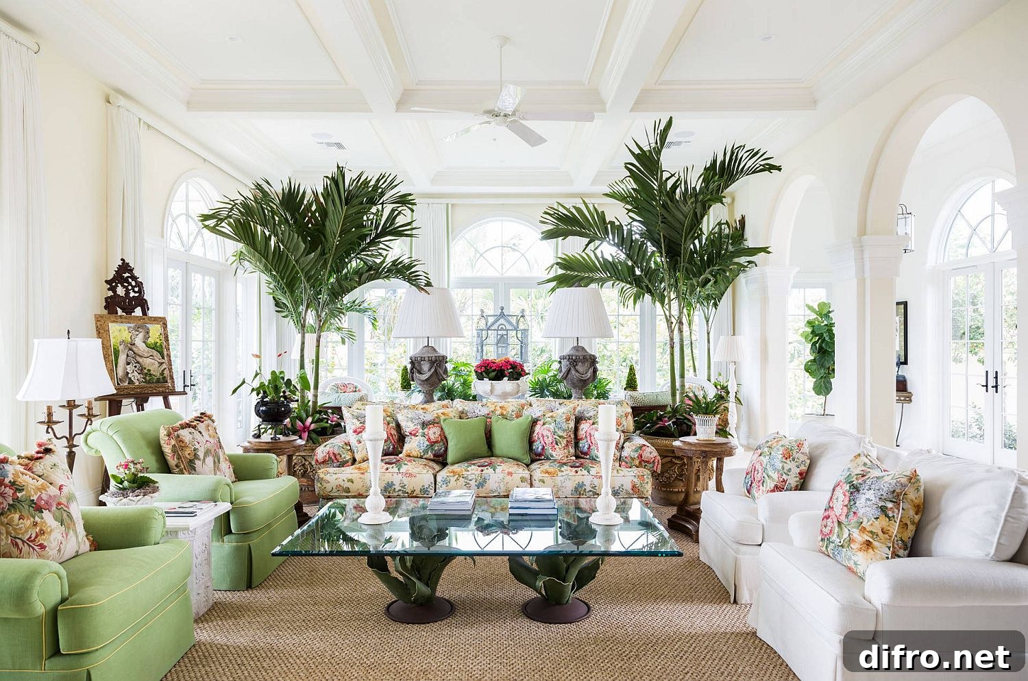 White tropical room with colorful prints