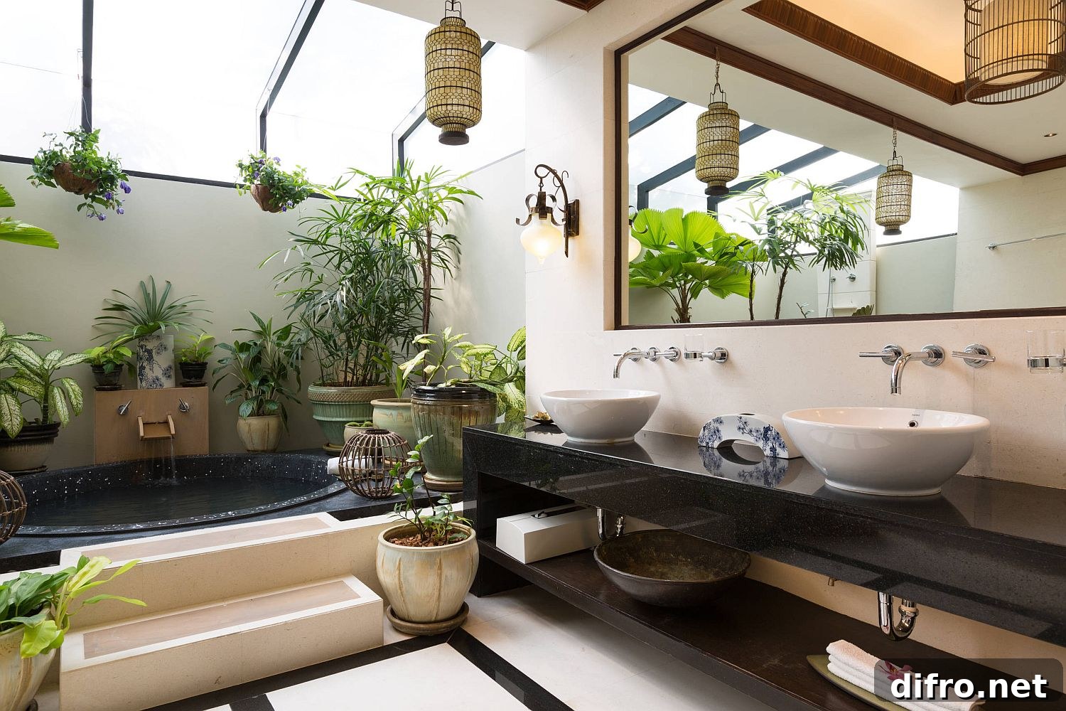 Spa-like bathroom with greenery and skylights