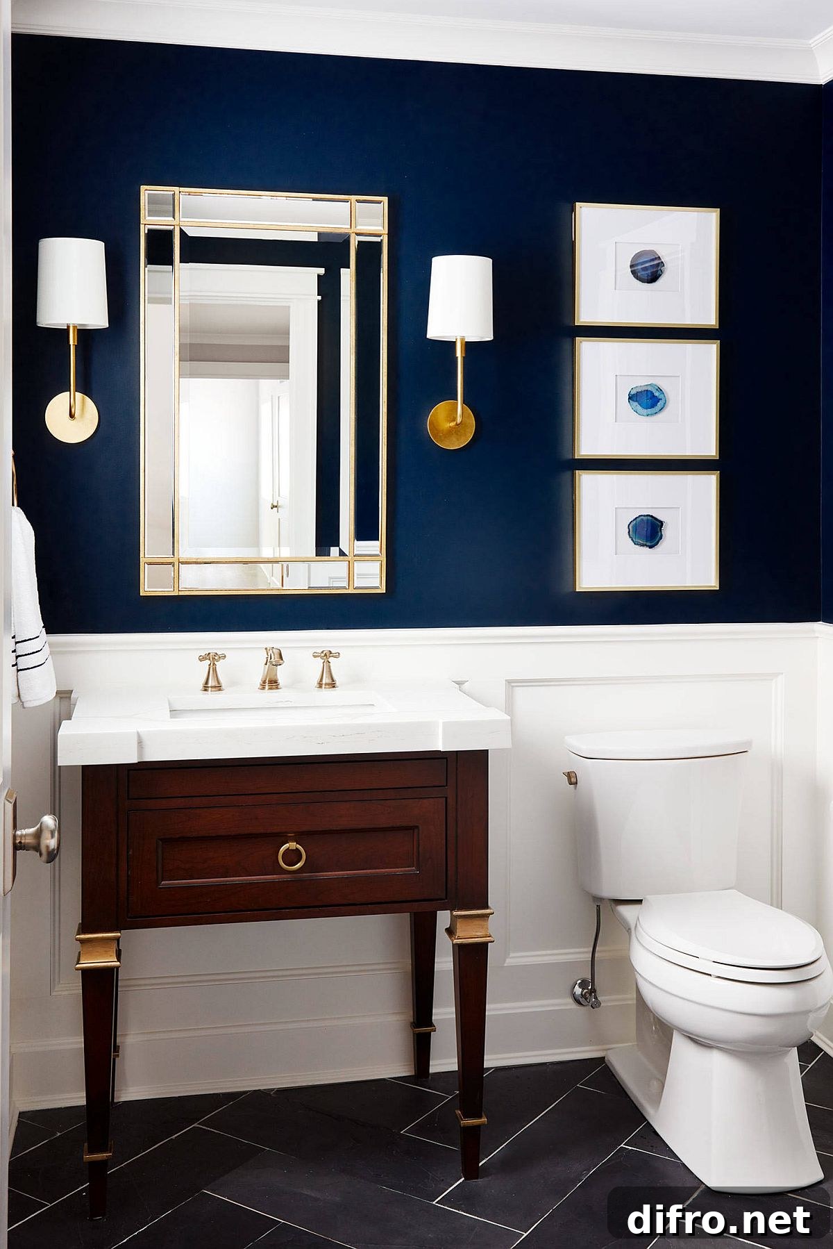 Sophisticated bathroom with wall art