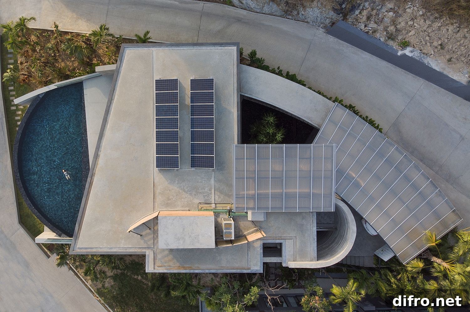 Aerial view showing solar panels on the Kalim Beach House