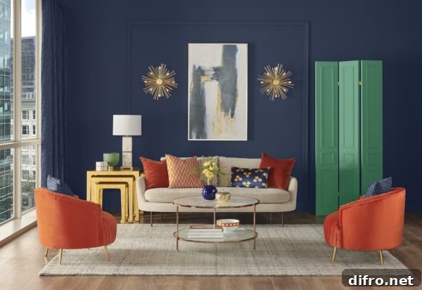 Living room with a deep blue feature wall and colorful accents