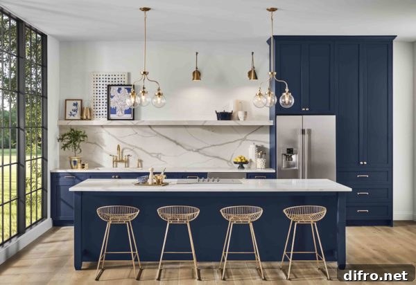 Bold navy kitchen cabinets against neutral surfaces
