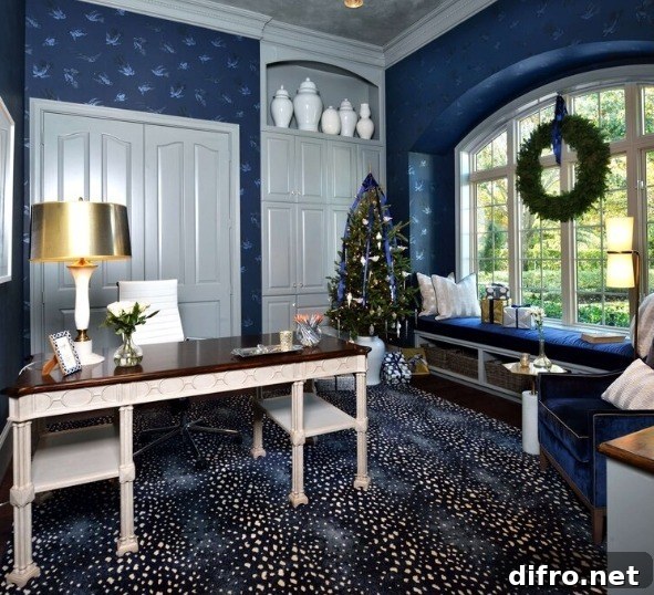Home office painted in a deep calming blue