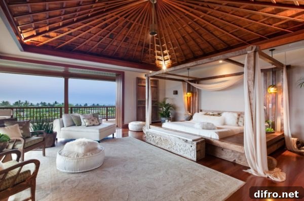 Wood platform canopy bed beneath vaulted wooden ceilings