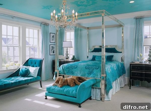 Bold mirrored canopy bed with turquoise bedding and matching furnishings