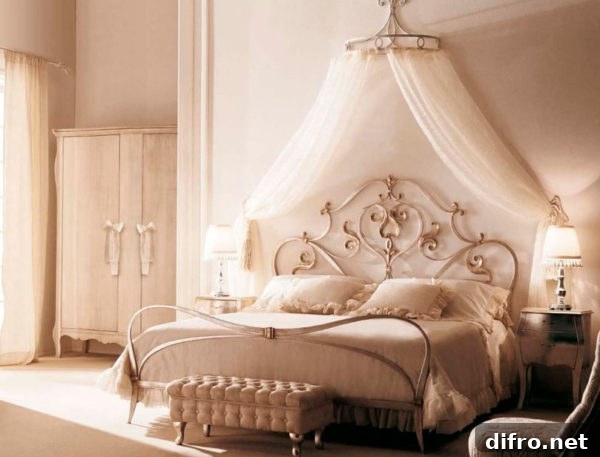 Romantic wrought-iron canopy bed with feminine decor