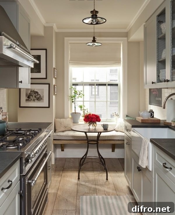 Sunlit galley kitchen with rustic flooring and white cabinetry