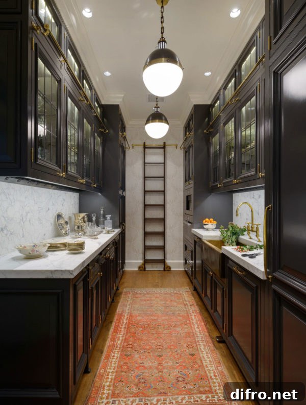 Elegant galley kitchen with dark cabinets, marble countertops, and a rolling ladder
