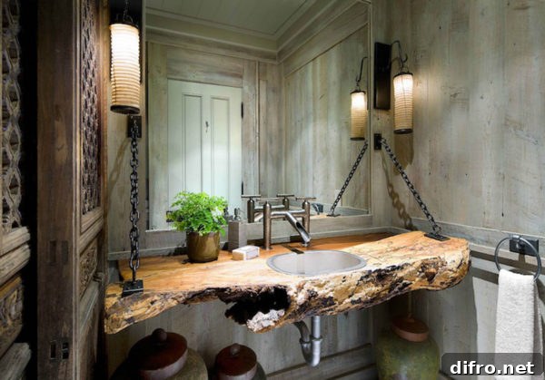 Live edge wood countertop in a rustic bathroom