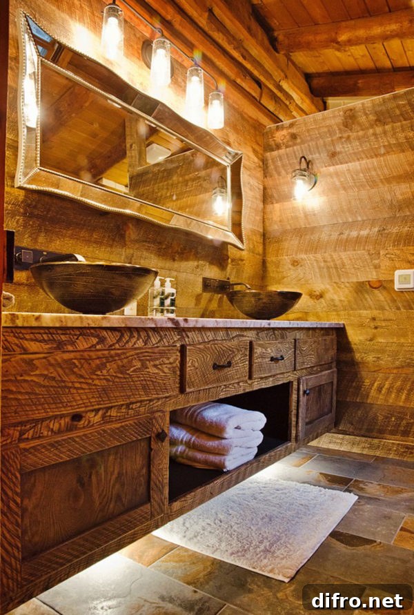 Wood bathroom with hammered metal sinks