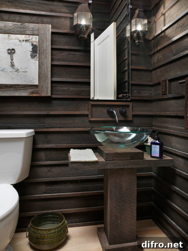 Small rustic bathroom with dark stained walls