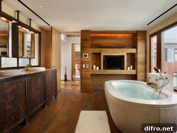 Distressed large vanity paired with modern tub