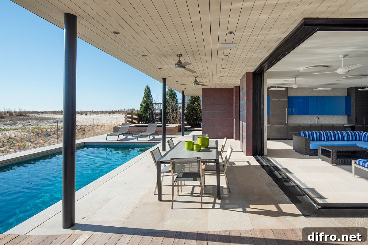 Swimming pool sits next to the beach and offers wonderful views