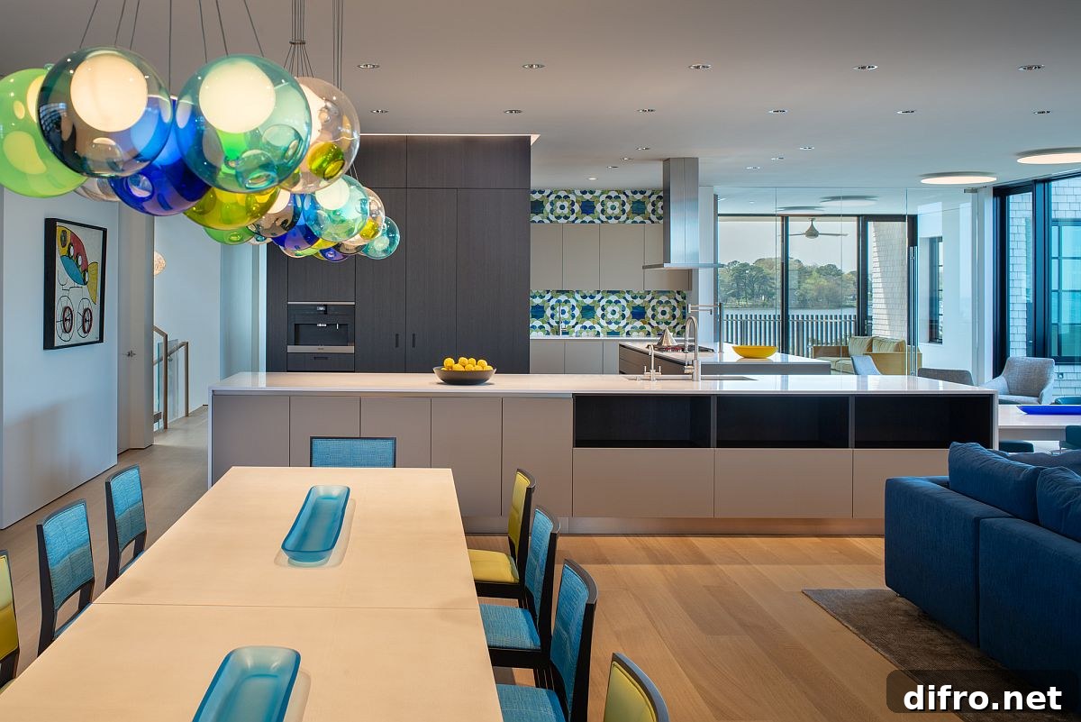 Dining area with ample natural lighting along with colorful pendant lights