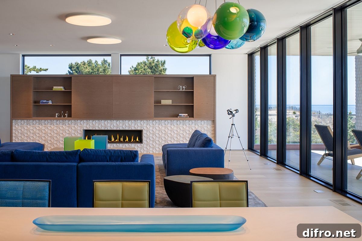 Multi-colored lighting fixtures and couch bring brightness to the living space