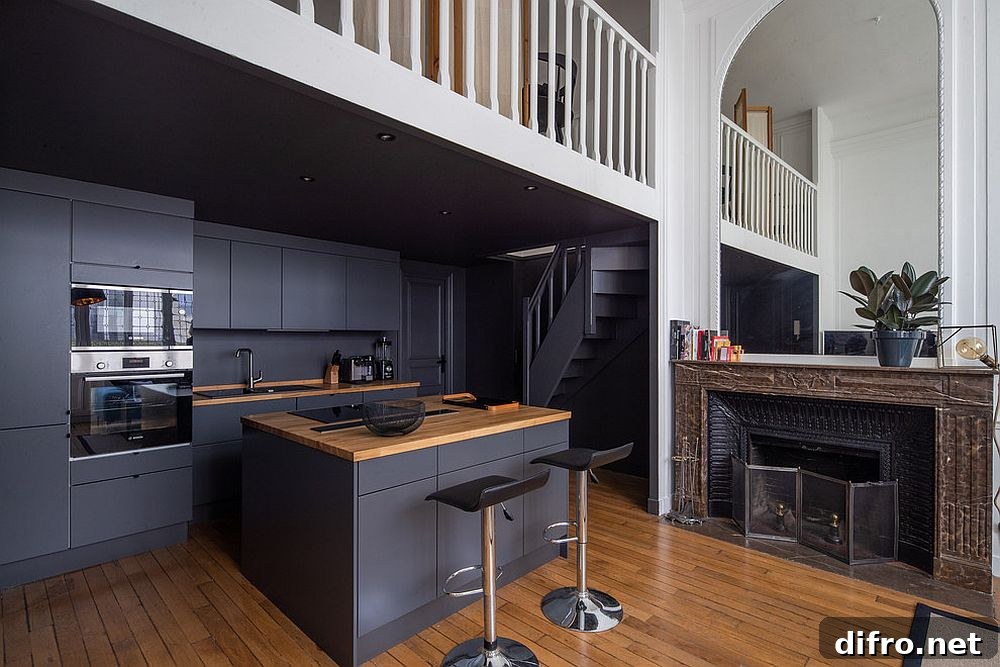 Dark gray kitchen with wood accents