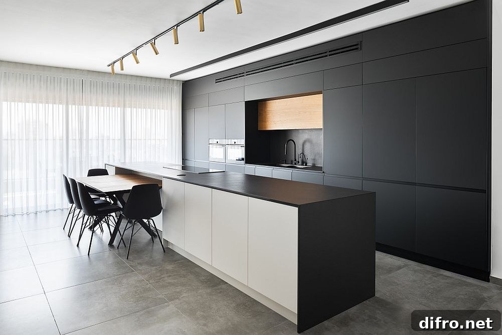 Contemporary kitchen with white ceiling, track lighting and black cabinets