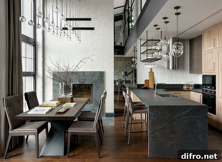Kitchen island with dark stone and black accents
