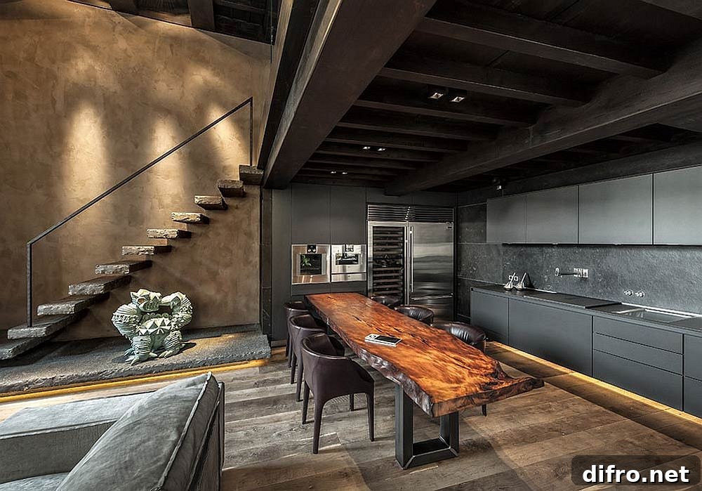 Live-edge kitchen island with dark cabinets and LED lighting