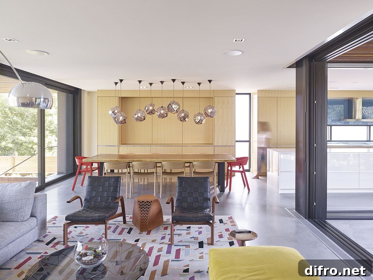 Open plan kitchen and dining area with natural light