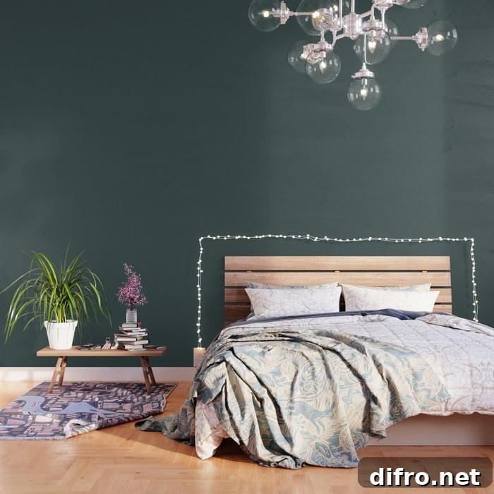 Bedroom wallpaper in Night Watch green