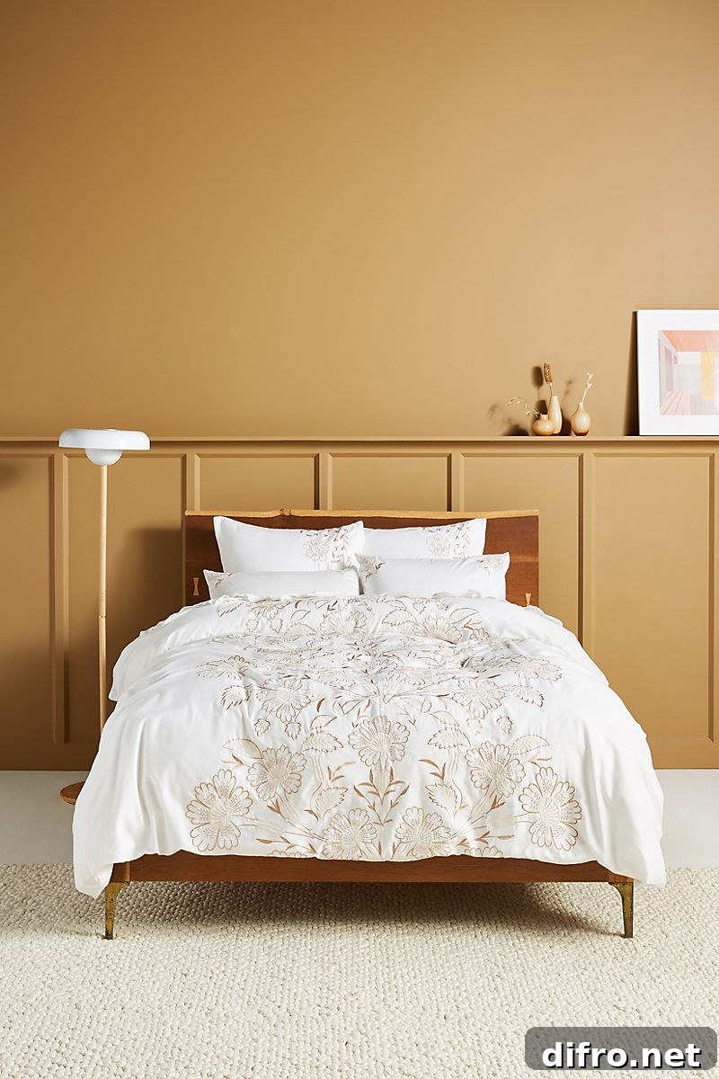 Earthy ochre bedroom styling with warm accents