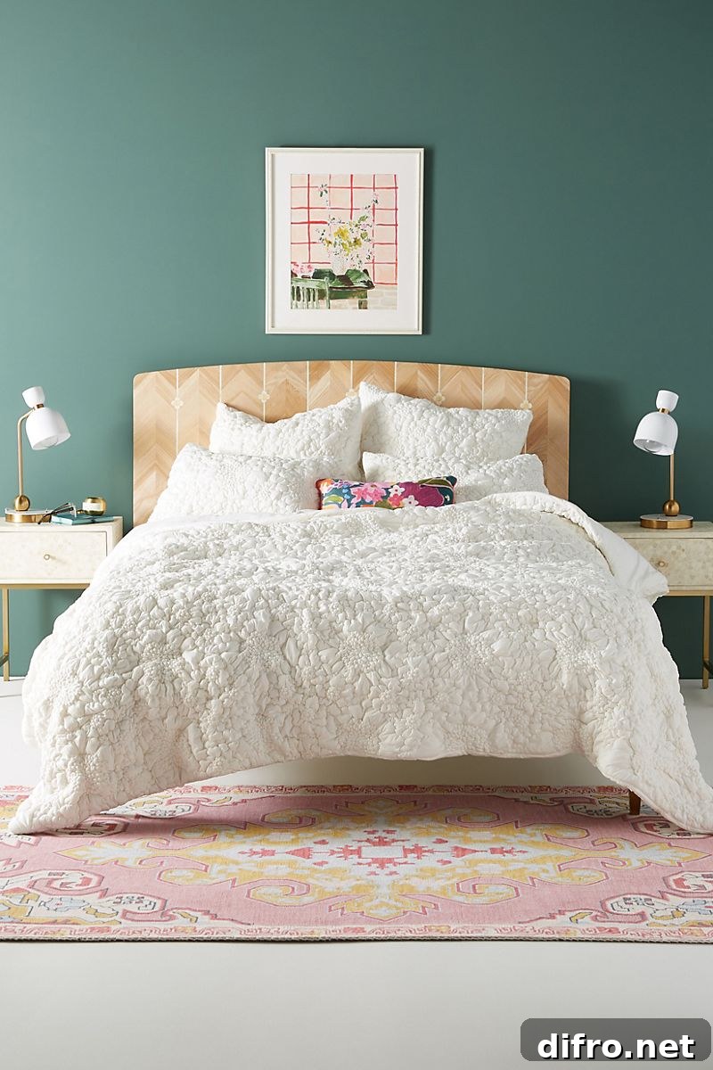 Mossy green accent wall with textured bedding