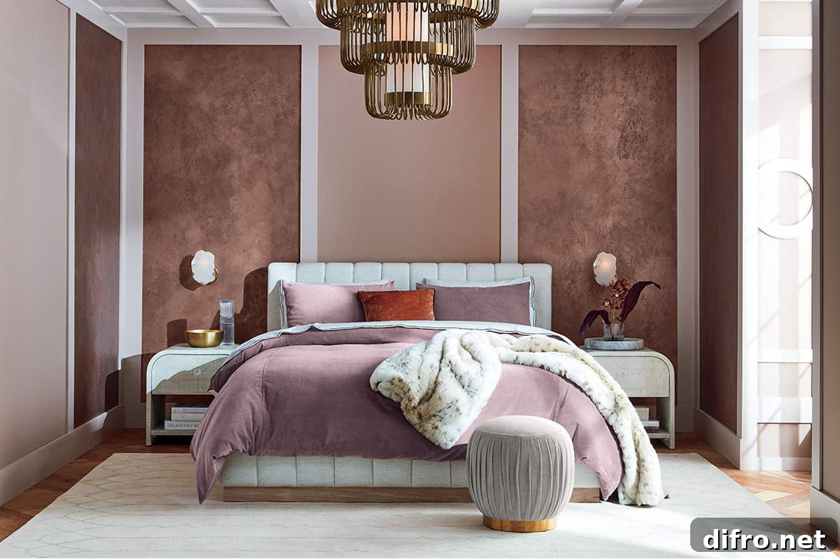 Dusty pink paneled bedroom with soft textiles