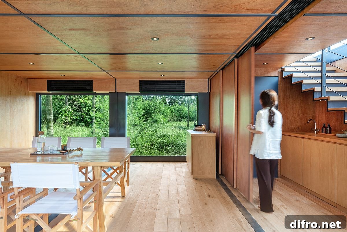 Lower level of the marketing suite with dining area and kitchen draped in wood