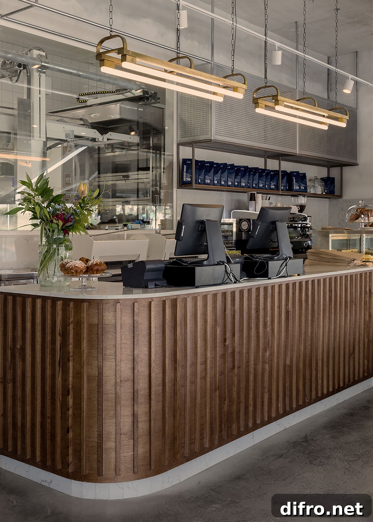 Curved front desk at the Teller Bakery gives it distinct identity